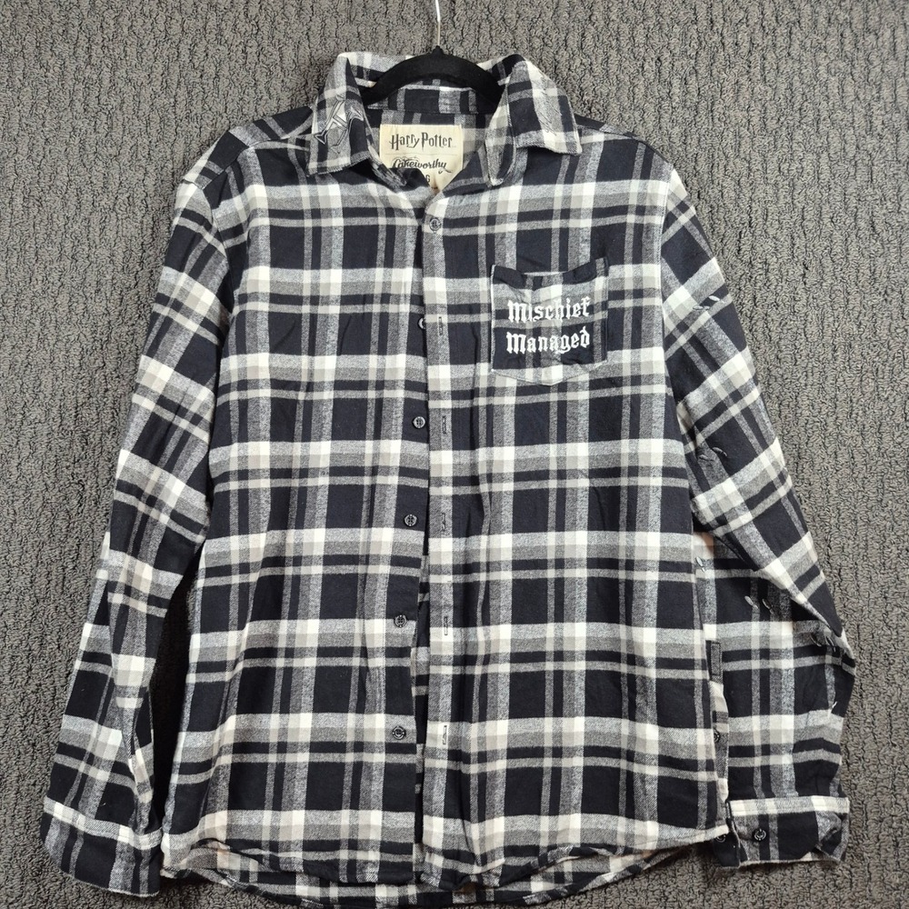 Cakeworthy Harry Potter Flannel Shirt Mens Large Black Plaid Mischief Managed